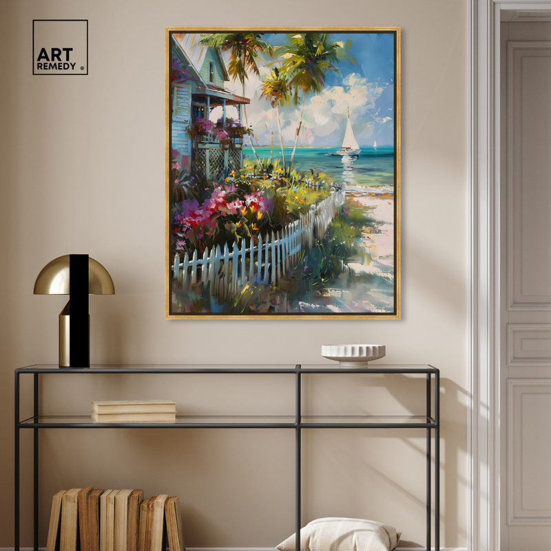 Maison de plage locale, Encadrement doré, H 31 po x l 25 po