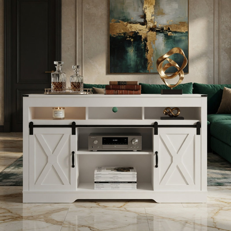 Meuble télé 58 po pour ferme 65 po avec portes de grange coulissantes et rangement 58 po, White