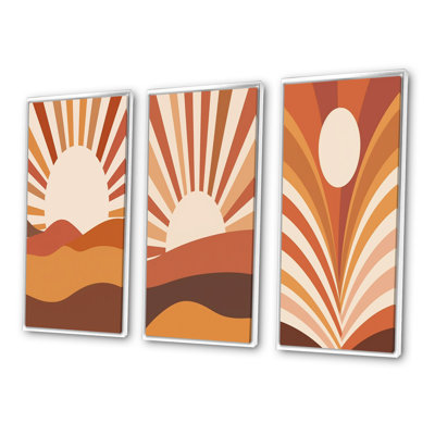 Retro Terracotta Sun Midcentury Landscape - Modern Midcentury Art Set Of 3 Pieces