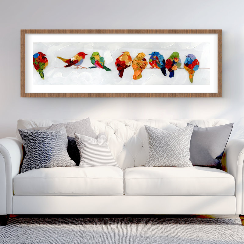 «Colorful Birds on a Wire - Feathers Green», reproduction encadrée