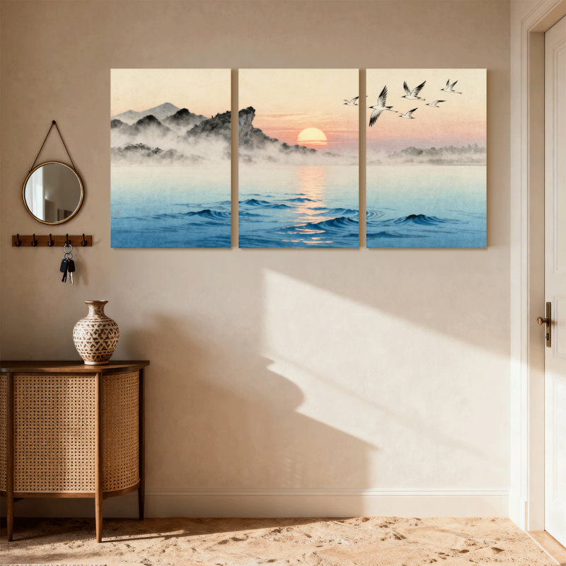 Nautical & Beach Sunset Mountains Mist Water Birds Sky Reflection Peace Set of 3 Canvas Wall Art Prints, 24" H x 48" W