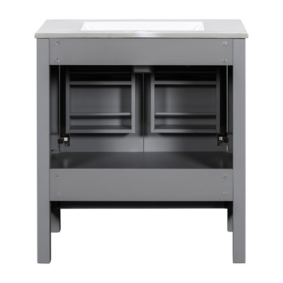 Armoire de salle de bain grise 60 "avec double meuble-lavabo, lavabo et tablette pratique - Meuble-lavabo moderne, lavabo et espace de rangement élégant