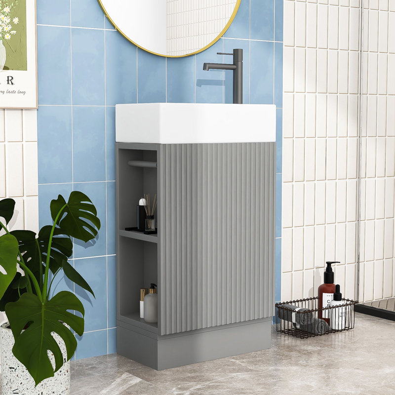 Meuble-lavabo en bois et tablette en céramique, Gris