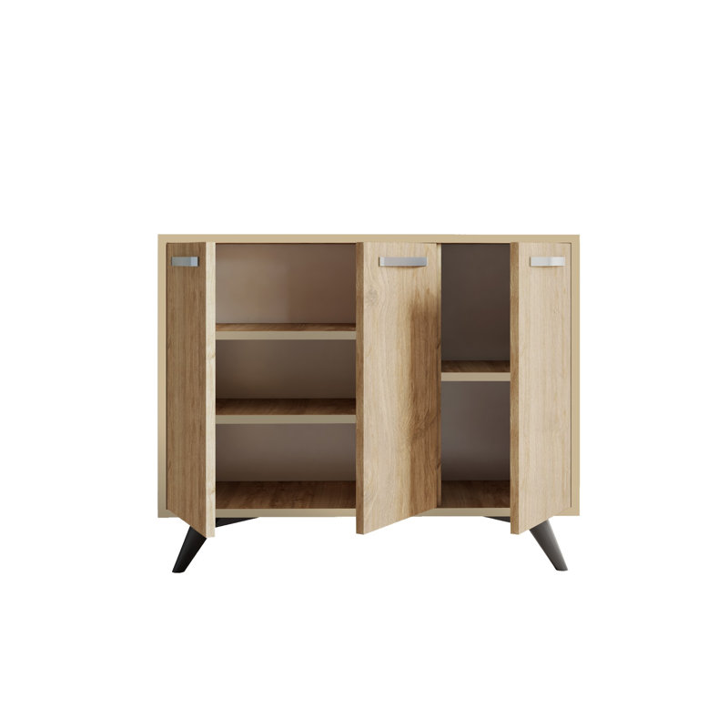 Modern Multi-Purpose Cabinet with 4 Drawers & Numerous Shelves, Oak Finish, 39.4 x 32.3 x 13.8 inches | 100% Melamine Coated Particle Board, Wall-Mountable, Scandinavian Design for Stylish Home Storage