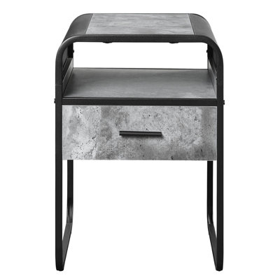 Table de bout en béton gris et noir, espace de vie amélioré, tiroir spacieux, tablette ouverte, pièce de construction en métal élégante avec détails incurvés, support stable