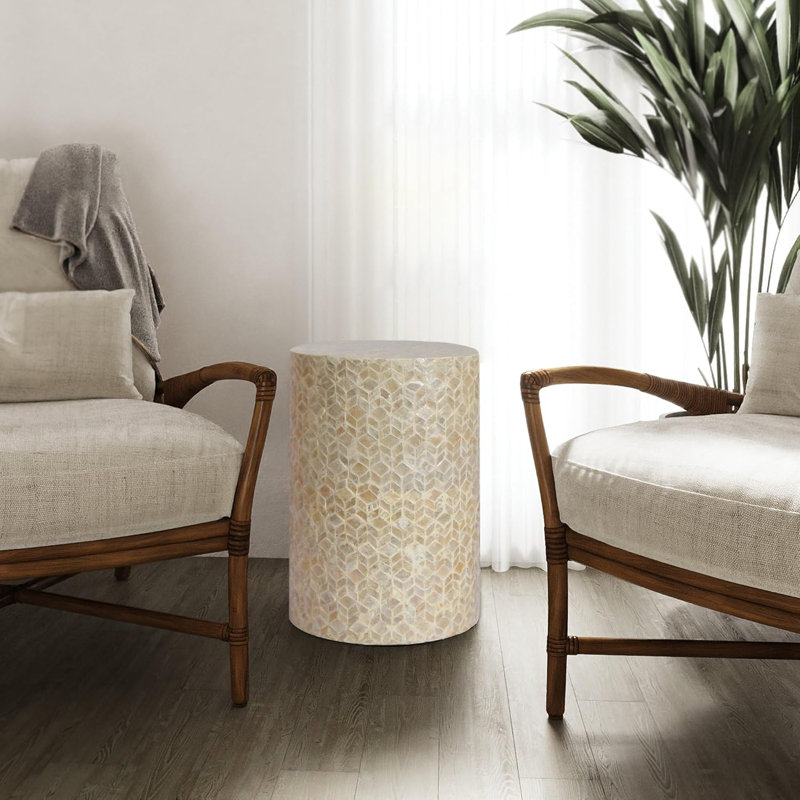 Shell Cylinder Drum End Table Nacre Side Table Stool Round Drum Accent Coffee Bedside Nightstand And Vanity Stool (White Cream)