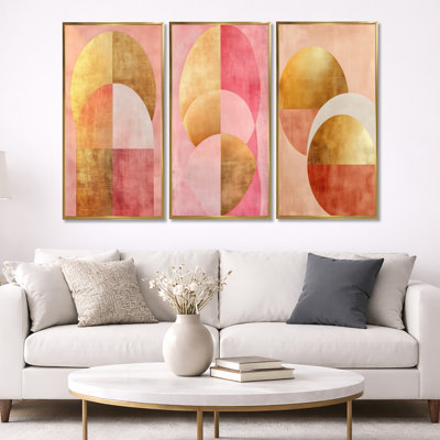 «Contemporary Flow III - Pink & Gold Arcs», art abstrait 3 pièces