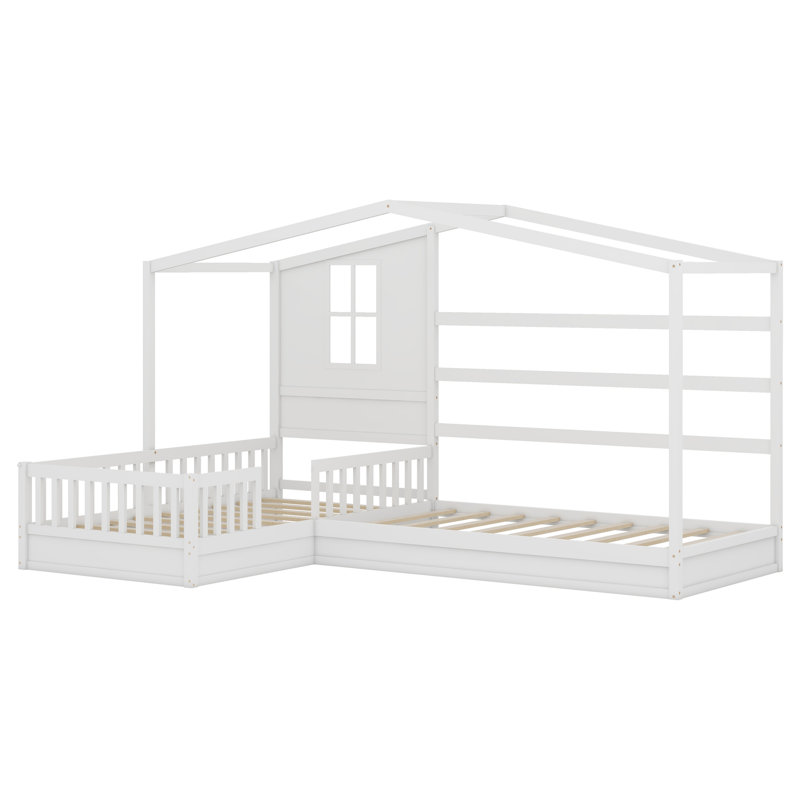Lit en bois, structure en L à 2 lits avec clôture et structure à lattes, Blanc