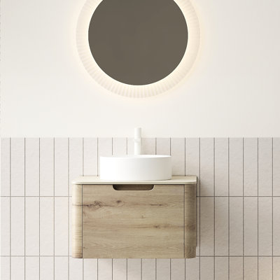 Meuble-lavabo mural de 24 po pour salle de bain, armoire en contreplaqué, lavabo rond en céramique blanche exquise, pierre romaine frittée, meuble-lavabo à fermeture en douceur 24 po, armoire de couleur chêne