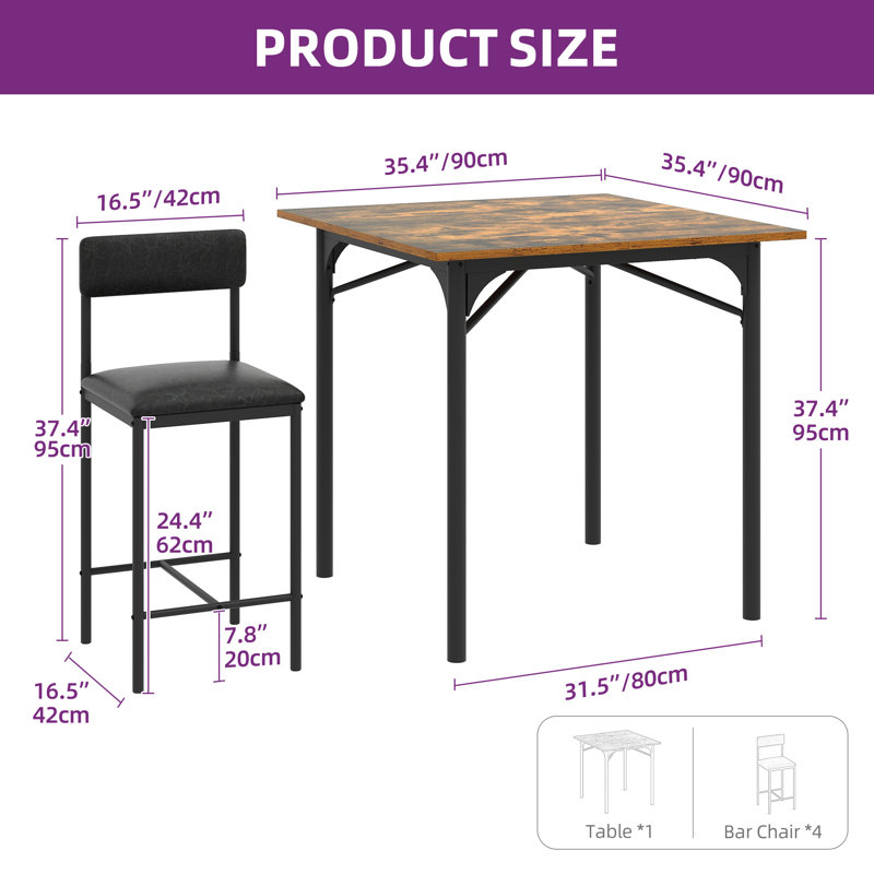 Industrial Brown and Black 5-Piece Pub Dining Set with Barstools