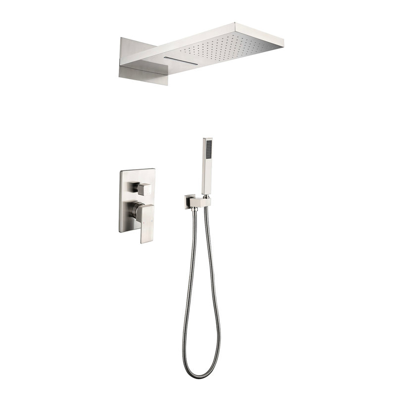 Système de douche pour salle de bain avec double fixation murale en nickel brossé et jet de pluie en cas de pluie