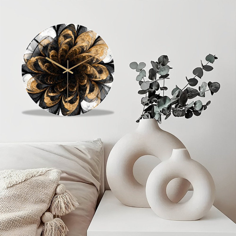 Horloge murale 12 po ronde en verre trempé avec mouvement à quartz silencieux, Gris anthracite champagne