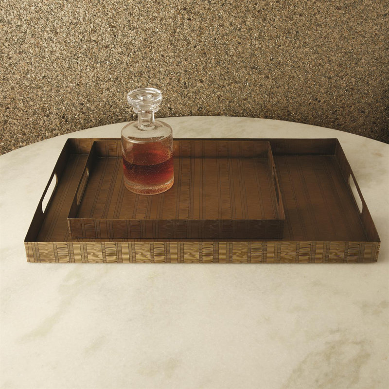 Kokoro Etched Rectangular Tray-Brass, 2" H x 18" W x 14" D