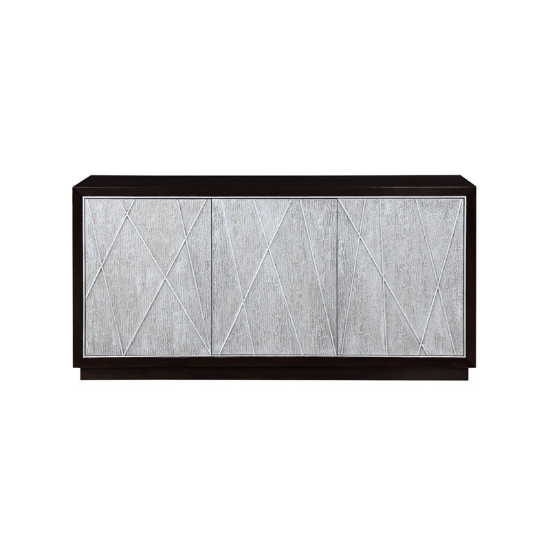 Armoire console à finition argent métallique avec détails en noyer et tablette centrale à cadre magnétique en bois foncé