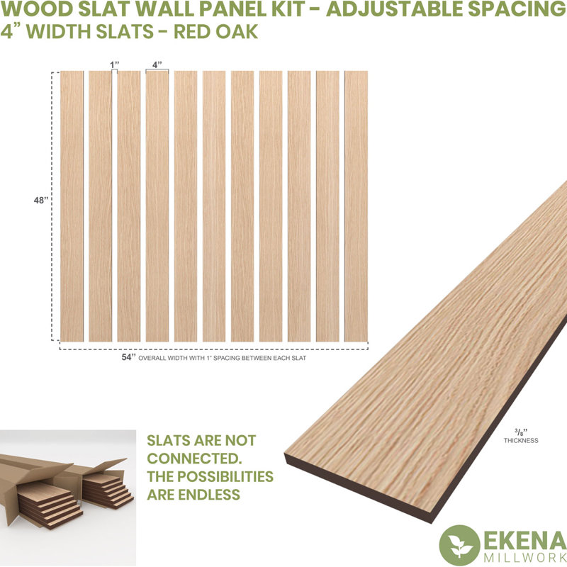 Adjustable Wood Slat Wall Panel Kit, 4"W x 47"H x 0.375"T, Red Oak