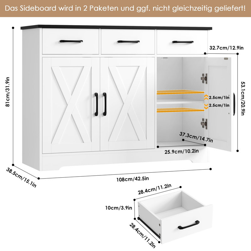 108cm Sideboard, White/Black