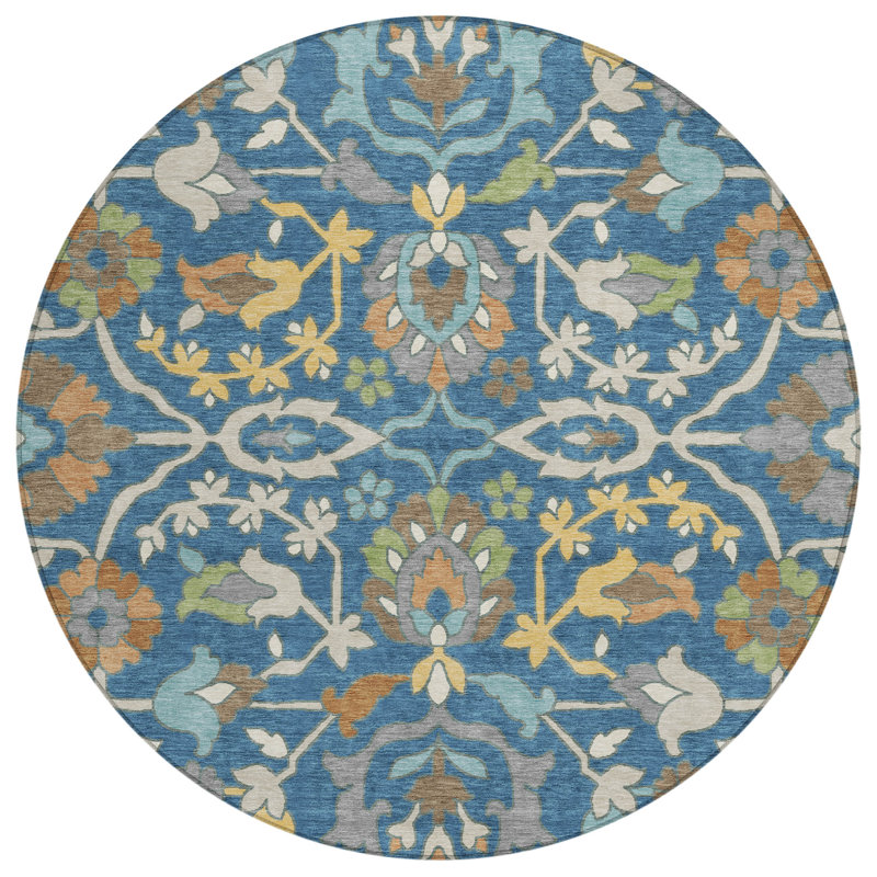 Machine Washable Indoor/Outdoor Chantille ACN2587 Floral Rug, Blue, 8' Round