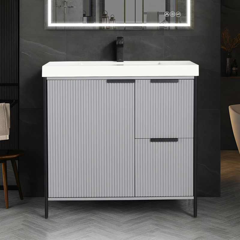 Meuble-lavabo autoportant 36 po avec lavabo en bois avec lavabo en acrylique européen Chriselda, rangement à fermeture en douceur et assemblage rapide