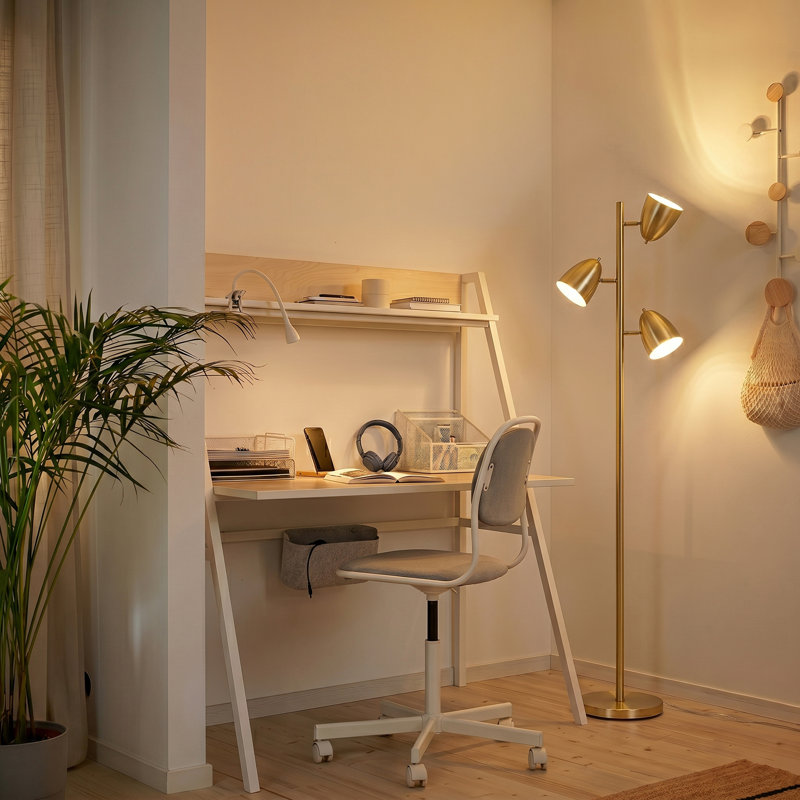 Jacob 64" Modern 3-Light Adjustable LED Floor Lamp with Gold Brass Finish and Metal Cone Shades, Bulbs Included, Brass