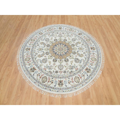 6'5"x6'5" White Organic Wool Hand Knotted Nain Design 250 KPSI Round Rug E3981F6ACF32499FA12D21147FB87B7D
