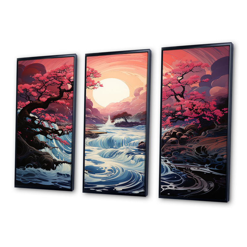 Japon, rivière rose, lever de soleil, rivière, art mural, H 28 po x l 36 po x P 1 po, Cadre flottant noir