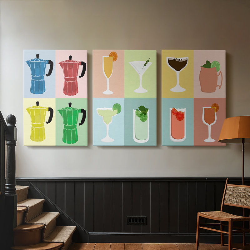 Moka Pot Colorblock - Toile tendue avec châssis sur mesure - 3 pièces, H 12 po x l 24 po