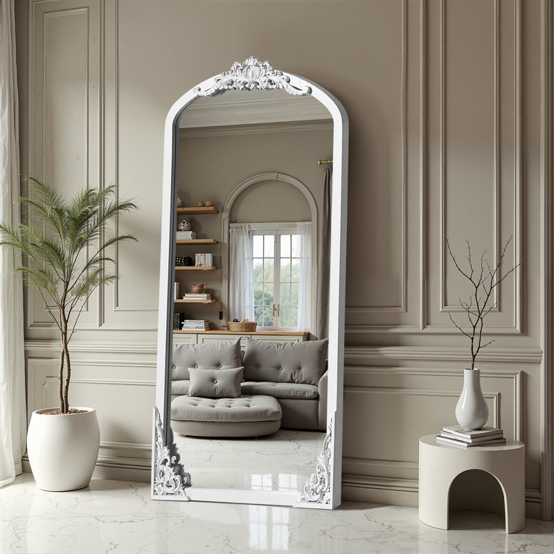 Arch Solid Wood Mirror Ornate Mirror Wall Mirror Retro Mirror with Carved Frame, White, 67" x 28"