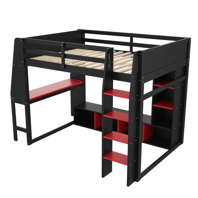 Lit mezzanine double en bois pleine grandeur avec bureau, DEL, tablettes multiples et support à vêtements suspendu, noir
