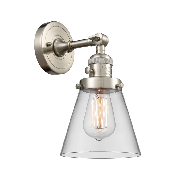 Applique murale 1 lumière Cone, Ampoule incandescente rétro 60 watts, Clair, Nickel satiné brossé