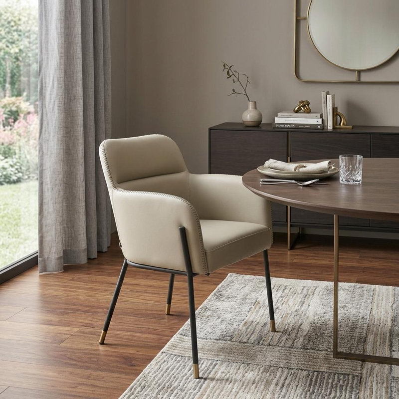Chaise de salle à manger rembourrée à dossier en lattes de cuir gris et noir