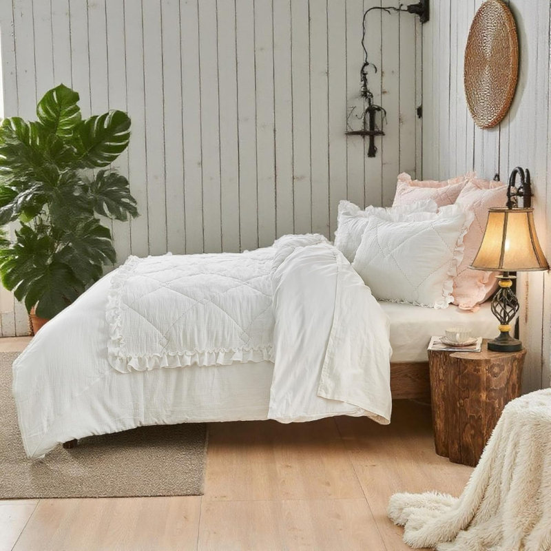 Ensemble de housse de couette 100% coton matelassé, housse de couette en mousseline à volants, Blanc