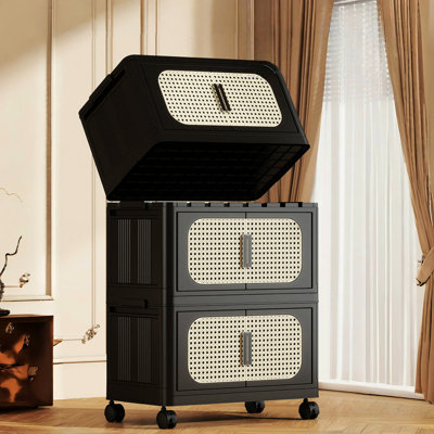 Armoire de rangement latérale en plastique de 20 po de large de couleur rétro noir, pliable avec roulettes, convient aux armoires pliantes noires de la chambre à coucher 4, à assemblage rapide et au salon à mobilité réduite
