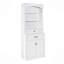 Armoire de rangement blanche avec deux portes, tiroirs, tablette réglable et trois tablettes ouvertes blanches