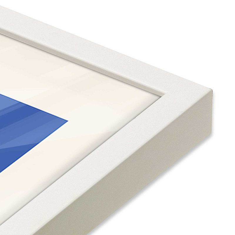 Imprimé de courants de Bauhaus jaune et bleu, H 21 po x l 17 po, Blanc opaque