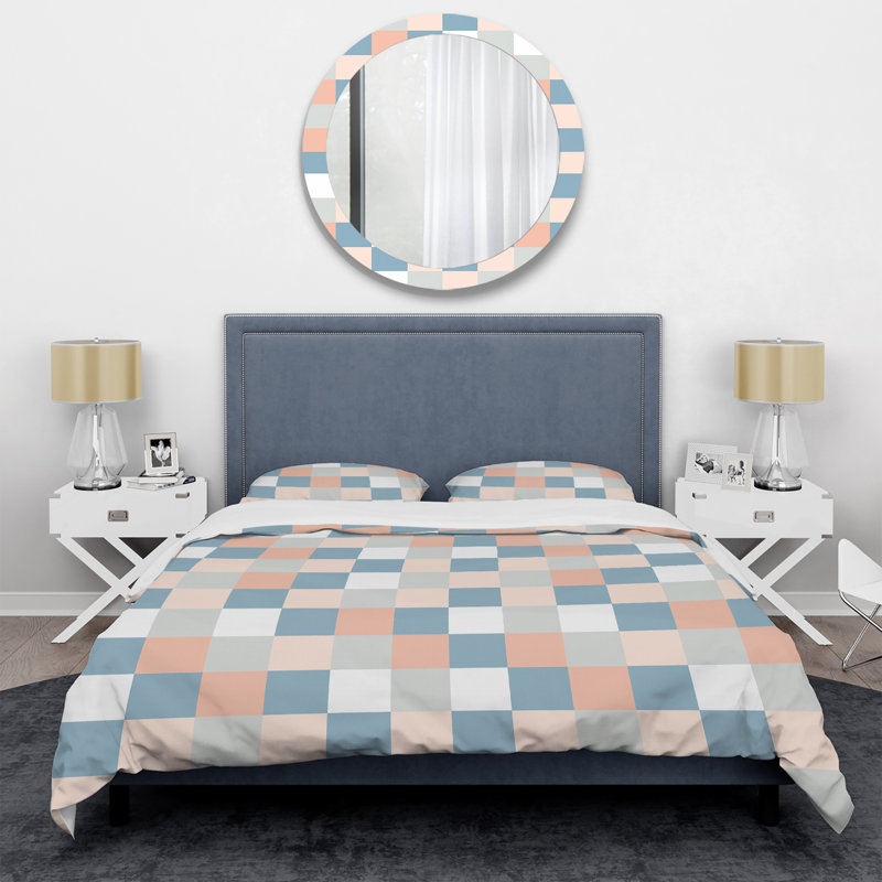 Ensemble de housse de couette abstraite rose et bleu Misty Grid I, Housse de couette très grand et 2 très grandes t