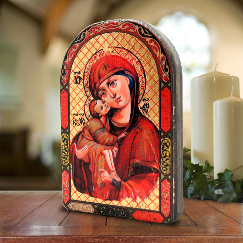 Mère de Dieu, icône en forme d'arche plaquée - peinture sur bois