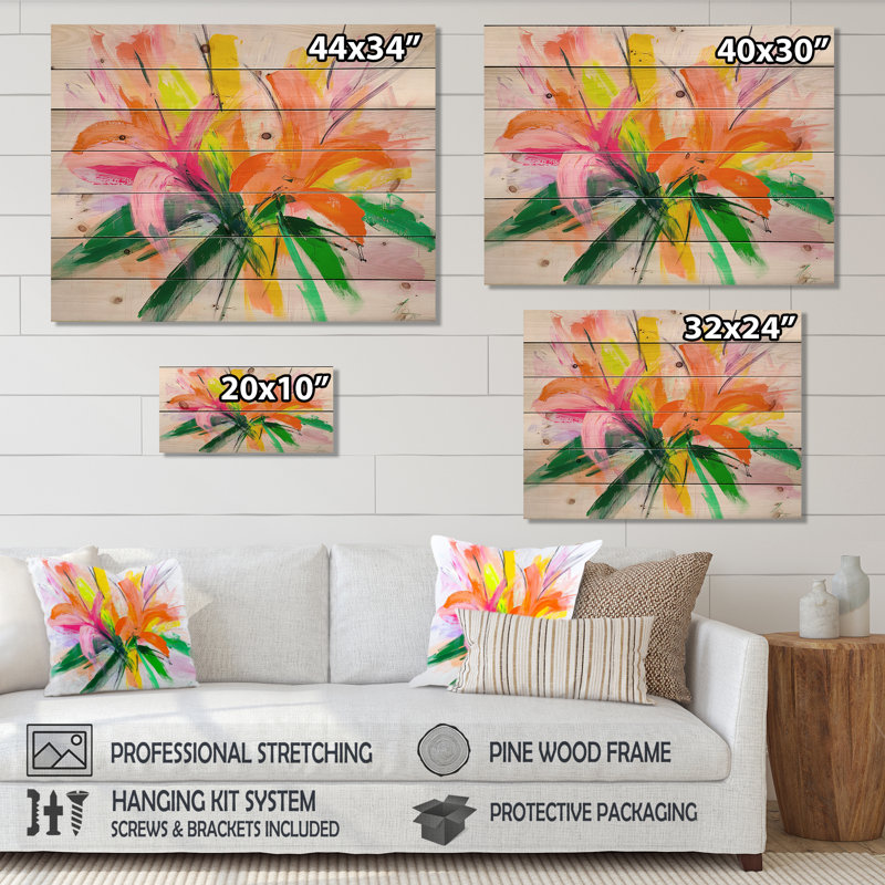 Bouquet tropical de palmiers I - impression traditionnelle en bois orange sur bois de pin naturel, H 30 po x l 40 po