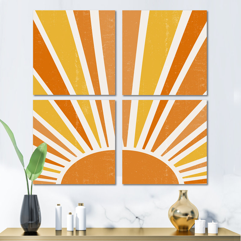 «Minimalist Bright Shining Orange Sun Rays II», ensemble de 4 reproductions d'art moderne sur toile