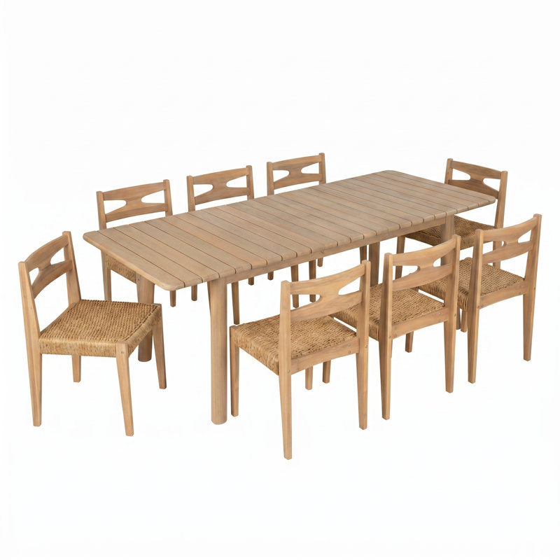 Ensemble de salle à manger moderne en bois d'acacia avec chaises en osier tissé et table à lattes extensible Ziven, 8