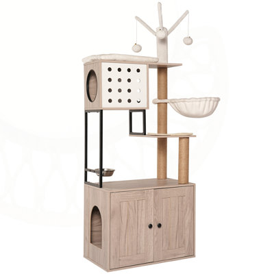 Modern 3-in-1 Cat Tree with Litter Box Enclosure, Feeding Station, and Playful Scratching Posts for Space-Smart Homes.