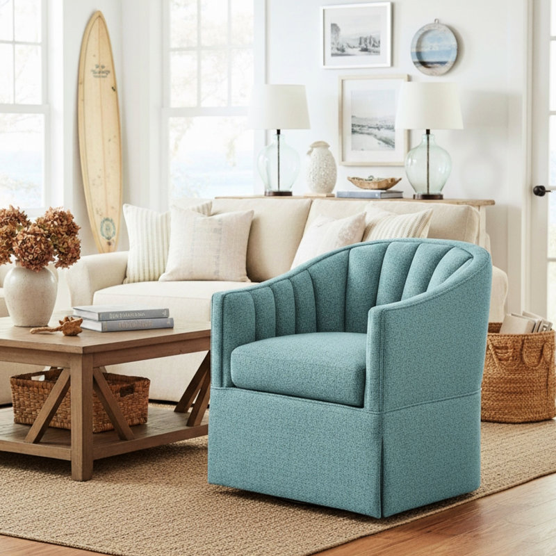 Fauteuil pivotant d'appoint style bord de mer avec assise douce à ressorts ensachés, 4 couleurs, coussin amovible, dossier vertical, pivot à 360°, profondeur d'assise de 53 cm. Élégant et confortable.