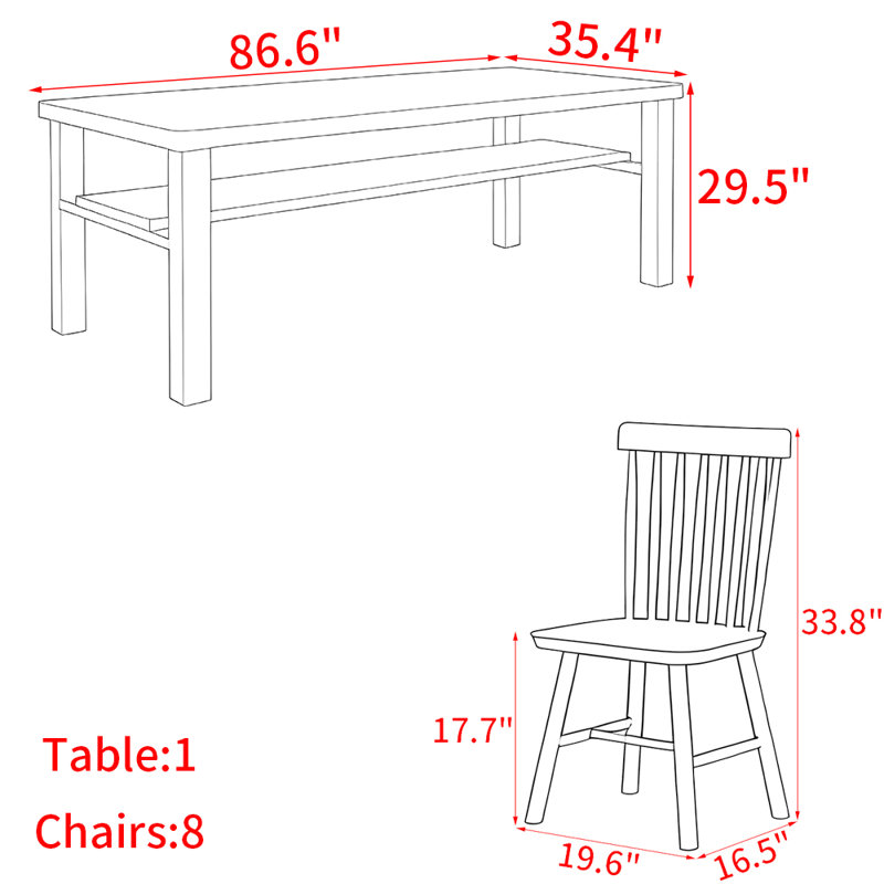 Ensemble de table à manger moderne et simple en bois massif., H 29,5 po x L 86,6 po x l 35,4 po