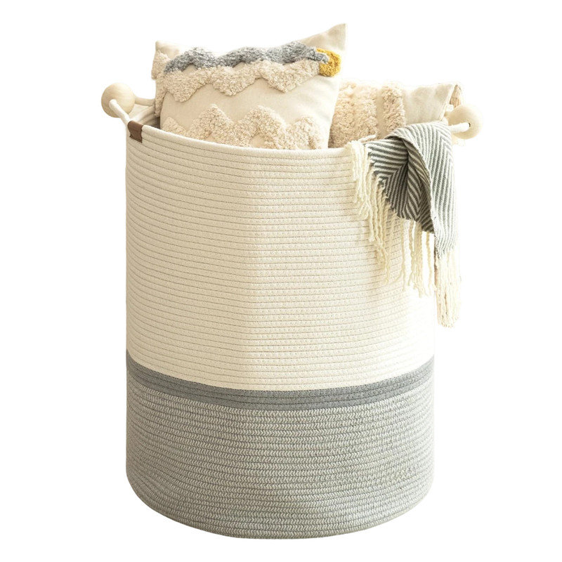 Panier à linge en corde de coton, avec poignées en perles de bois, rangement pour vêtements, couvertures, poupées, etc., portable, plié, 72 L, gris et blanc