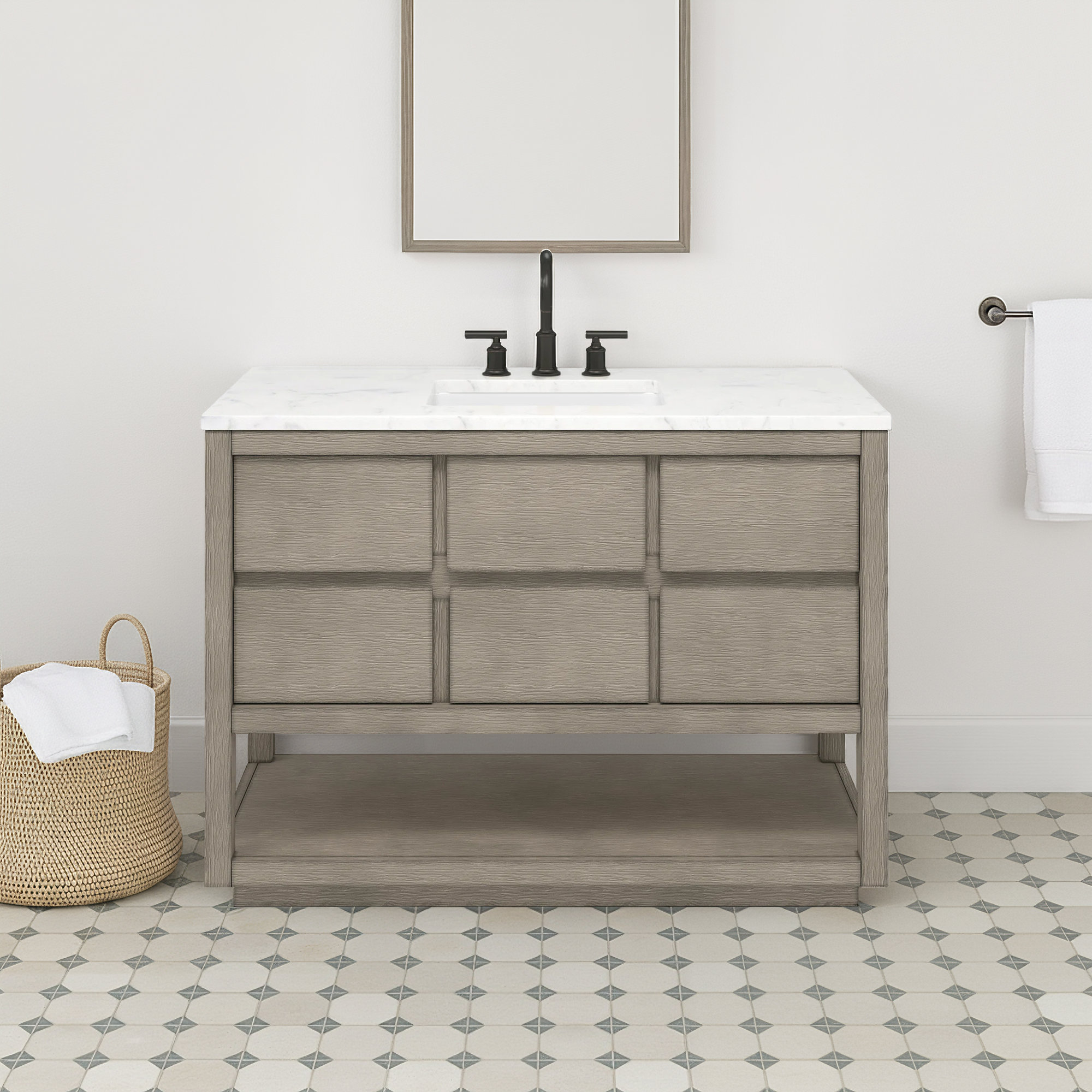 Tessa 48 In. Mango Wood Carrara White Marble Countertop Bath Vanity, Gray Oak