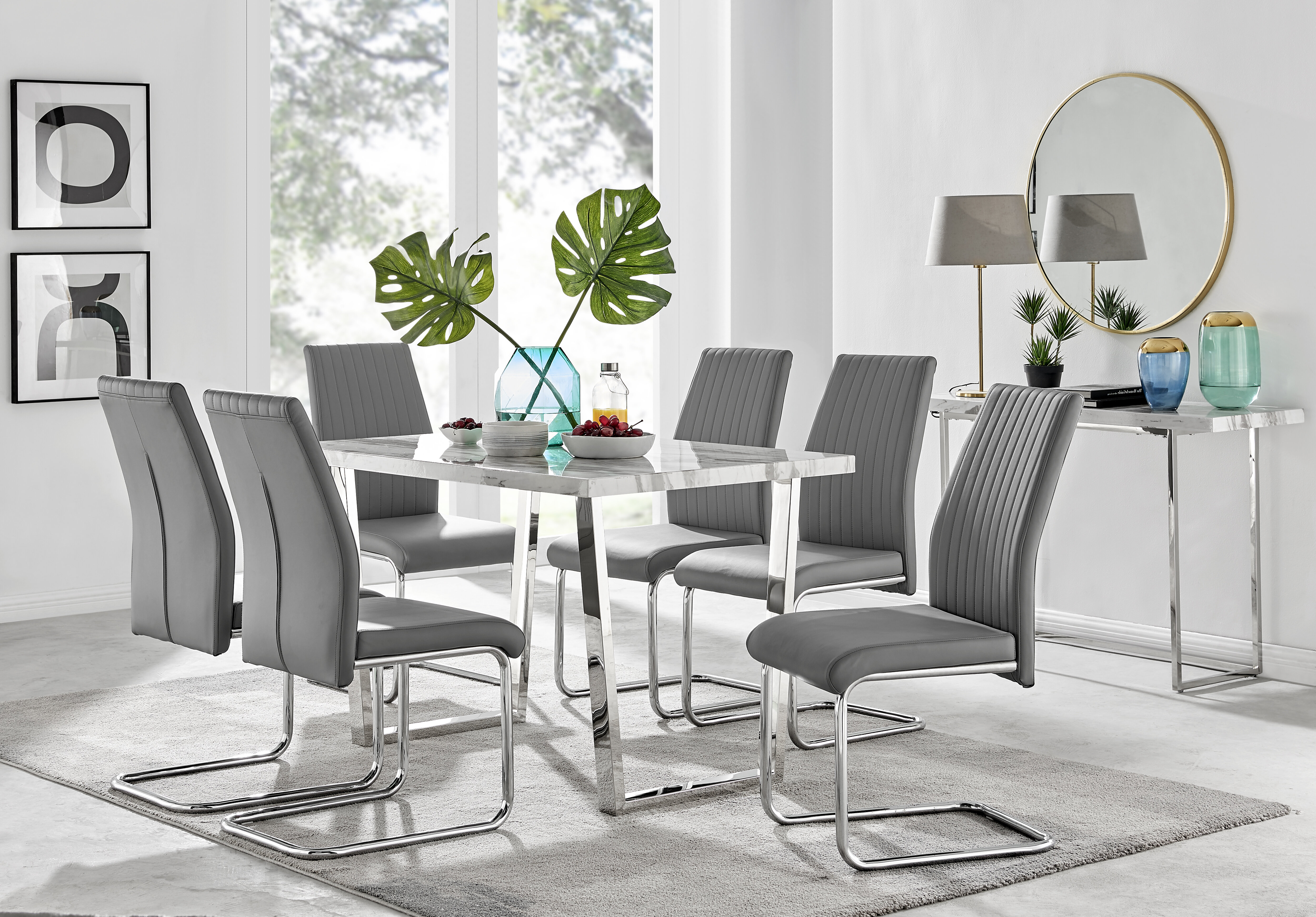 Edzard Stylish Chrome and Marble Effect Dining Table Set with 6 Luxury Faux Leather Dining Chairs