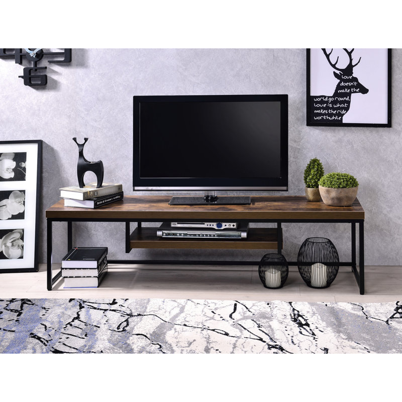 Compact Weathered Oak & Black Metal Tv Stand Fits 50" Flat Screens Rustic Look And For