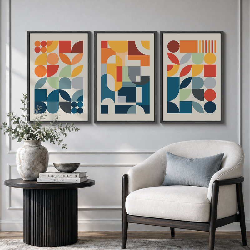 Abstrait, couleurs vives et abstraites «Œuvre abstraite et audacieuse bleu orange contemporain, images bohème de style Mid-Century moderne, impression numérique sur toile 3 pièces  