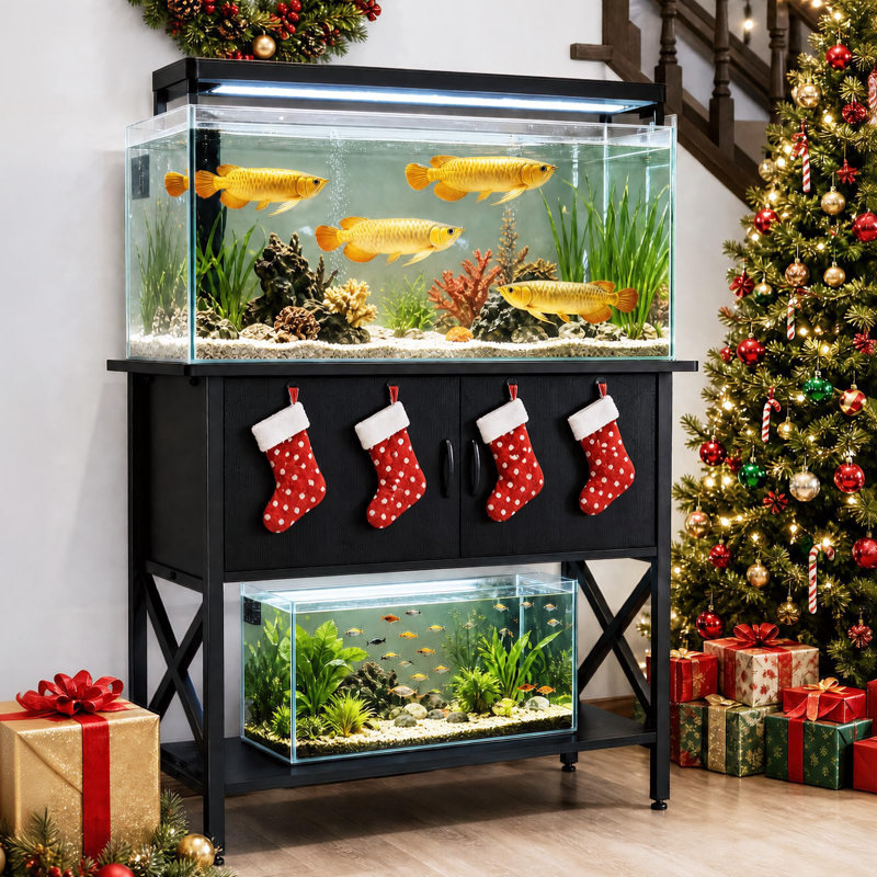 Support d'aquarium moderne 40-50 gallons avec armoire de rangement à deux portes, tablette pour petits réservoirs, pieds réglables, finition noire, conception inspirée du meuble télé