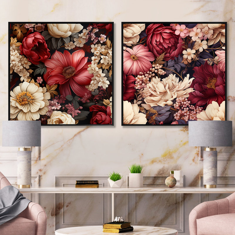 Jessup - Ensemble de 2 collages carrés floraux, Cadre flottant noir, H 16 po x l 33 po