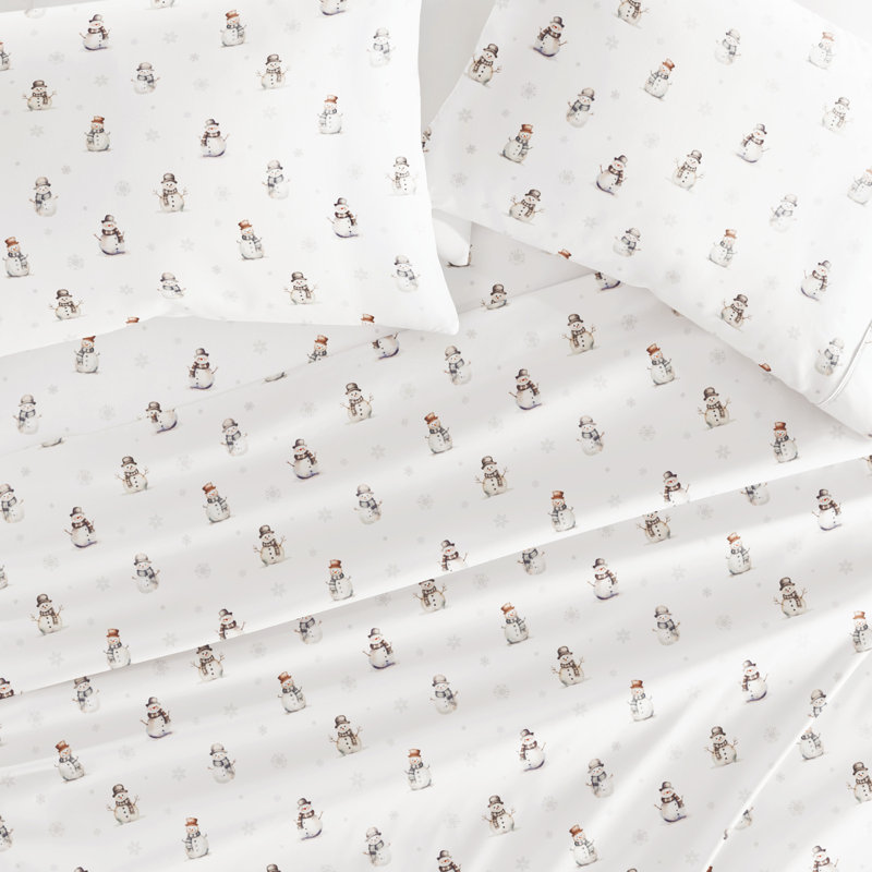 Christmas Sheet Sets - Holiday Prints, Twin Sheet Set with 1 Pillowscase, Vintage Snowman White